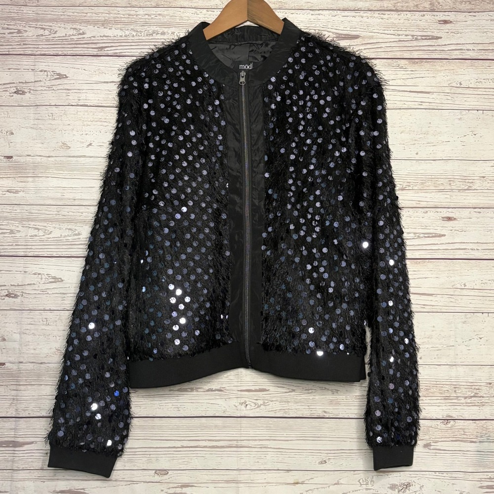 Mod X Womens Black Sequin Eyelash Fuzzy Bomber Jacket 1X A480116